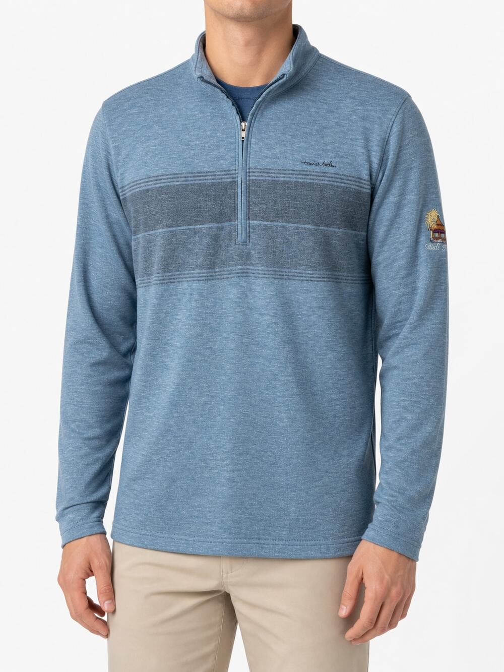 TravisMathew Men's Blue Stripe Cotton Blend Quarter-Zip Pullover S Bali Hai Logo